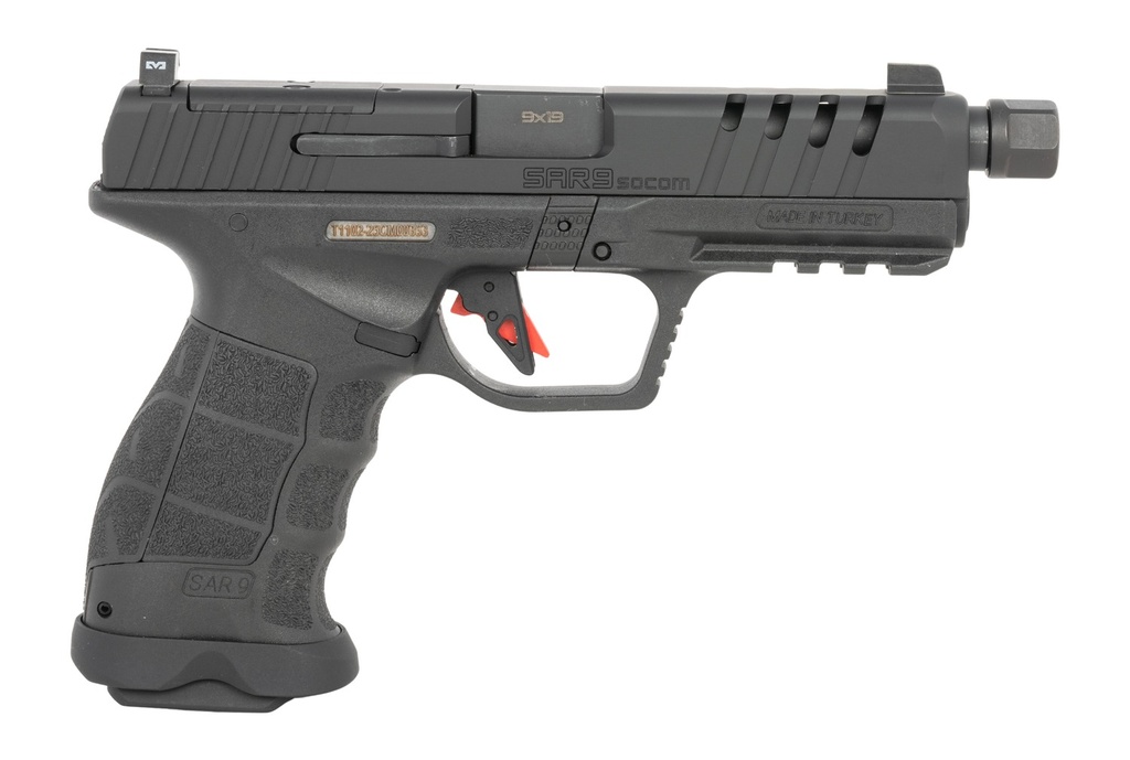 Sar USA Sarsilmaz SAR9SOCOMBL10 SAR9 SOCOM Full Size 9mm Luger 10+1 5.10" Black Threaded Barrel, Black Steel Optic Cut/Serrated Slide, Black Polymer Frame w/Picatinny Rail, Interchangeable Backstrap Grip, RMS